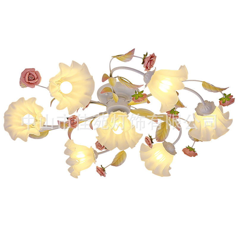 Modern Art Deco Rose Flower Leaf Glass Iron 4/6/7/9/11 Light Semi-Flush Mount Ceiling Light For Bedroom