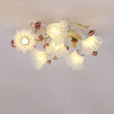 Modern Art Deco Rose Flower Leaf Glass Iron 4/6/7/9/11 Light Semi-Flush Mount Ceiling Light For Bedroom