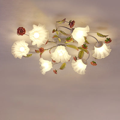 Modern Art Deco Rose Flower Leaf Glass Iron 4/6/7/9/11 Light Semi-Flush Mount Ceiling Light For Bedroom