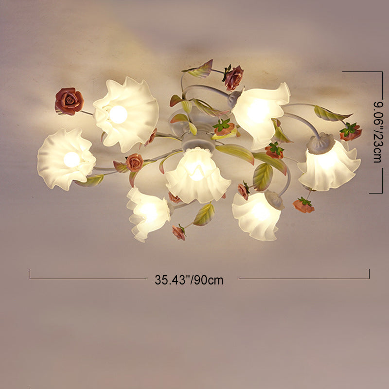 Modern Art Deco Rose Flower Leaf Glass Iron 4/6/7/9/11 Light Semi-Flush Mount Ceiling Light For Bedroom