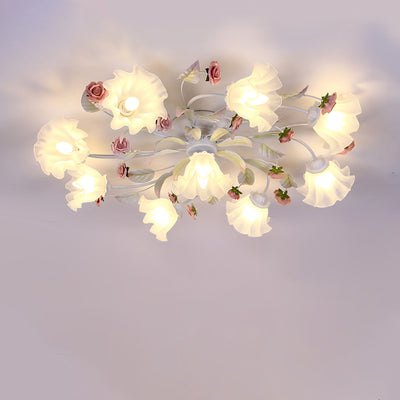 Modern Art Deco Rose Flower Leaf Glass Iron 4/6/7/9/11 Light Semi-Flush Mount Ceiling Light For Bedroom