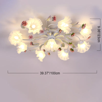 Modern Art Deco Rose Flower Leaf Glass Iron 4/6/7/9/11 Light Semi-Flush Mount Ceiling Light For Bedroom