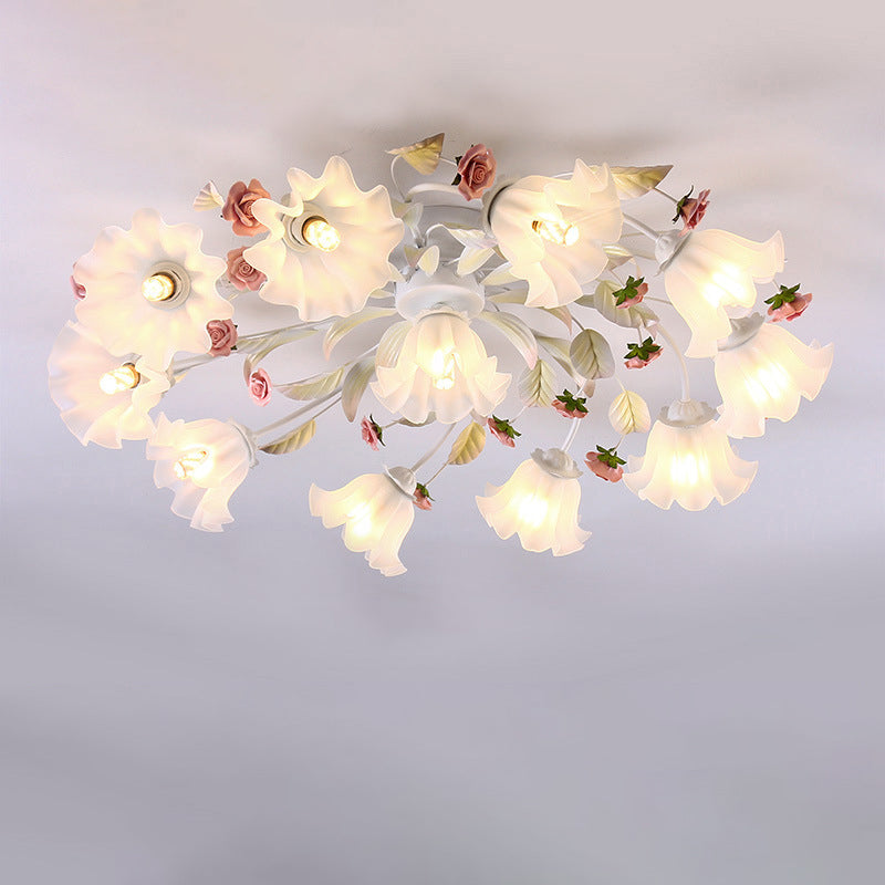 Modern Art Deco Rose Flower Leaf Glass Iron 4/6/7/9/11 Light Semi-Flush Mount Ceiling Light For Bedroom