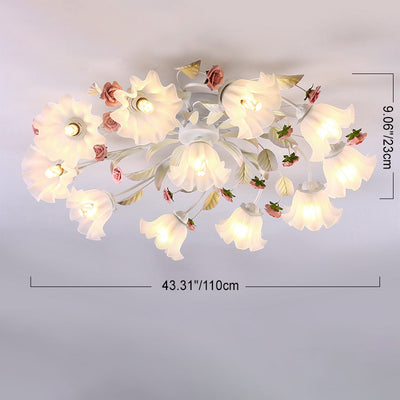 Modern Art Deco Rose Flower Leaf Glass Iron 4/6/7/9/11 Light Semi-Flush Mount Ceiling Light For Bedroom