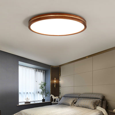 Traditional Chinese Round Acrylic Wood Brass LED Flush Mount Ceiling Light For Bedroom