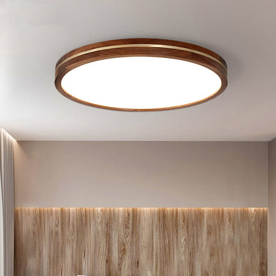 Traditional Chinese Round Acrylic Wood Brass LED Flush Mount Ceiling Light For Bedroom