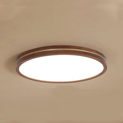 Traditional Chinese Round Acrylic Wood Brass LED Flush Mount Ceiling Light For Bedroom