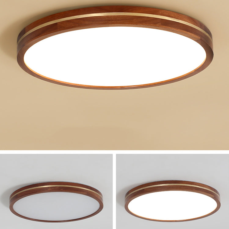 Traditional Chinese Round Acrylic Wood Brass LED Flush Mount Ceiling Light For Bedroom