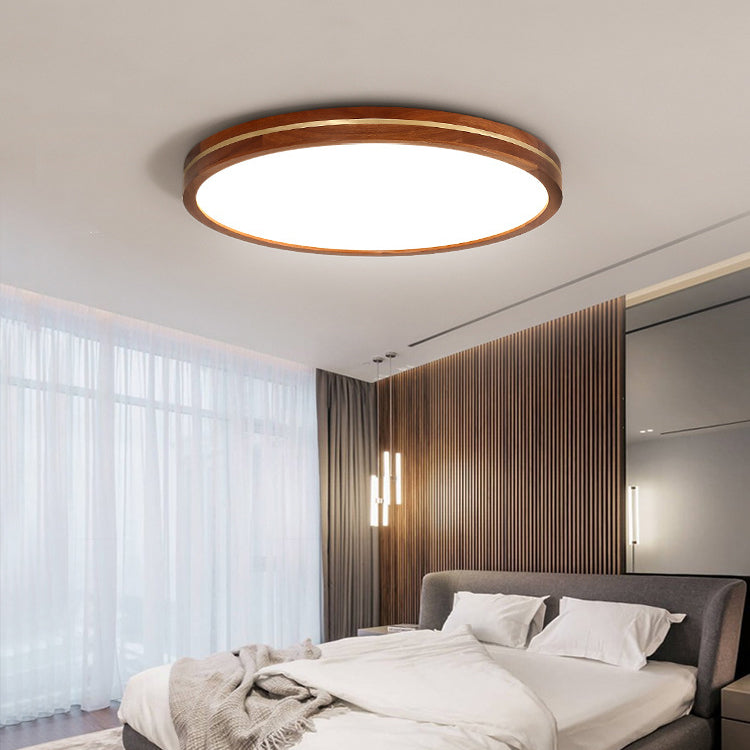 Traditional Chinese Round Acrylic Wood Brass LED Flush Mount Ceiling Light For Bedroom