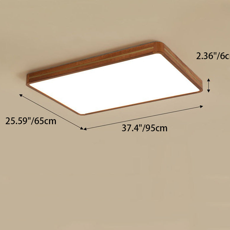 Traditional Chinese Square Rectangle Acrylic Wood Brass LED Flush Mount Ceiling Light For Living Room