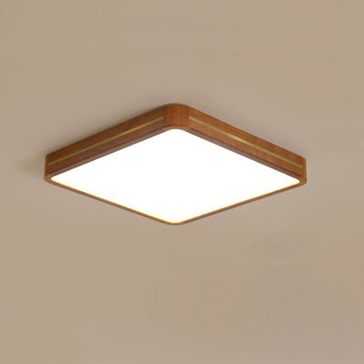 Traditional Chinese Square Rectangle Acrylic Wood Brass LED Flush Mount Ceiling Light For Living Room