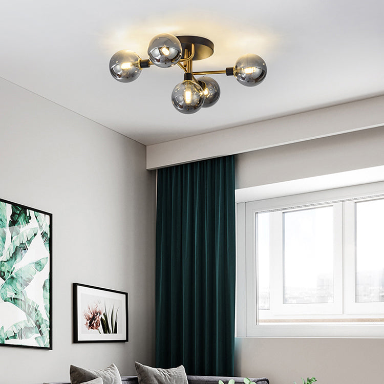 Contemporary Creative Branch Magic Bean Round Glass Hardware 5/9 Light Semi-Flush Mount Ceiling Light For Living Room