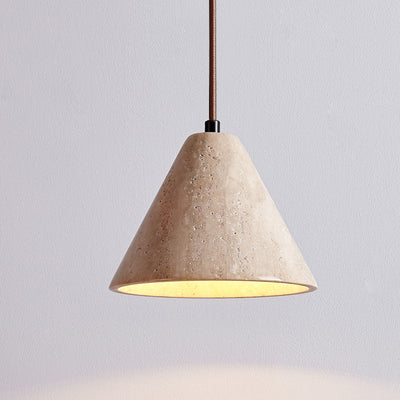 Traditional Chinese Conical Round White Travertine 1-Light Pendant Light For Living Room