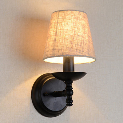 Traditional Rustic Round Cylinder Fabric Iron 1-Light Wall Sconce Lamp For Bedroom