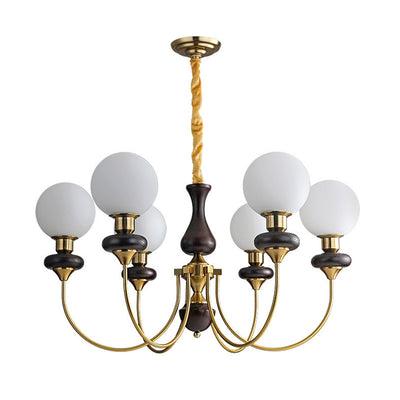 Traditional French Branch Magic Bean Curved Round Glass Walnut Brass 3/6/8/10 Light Chandelier For Living Room