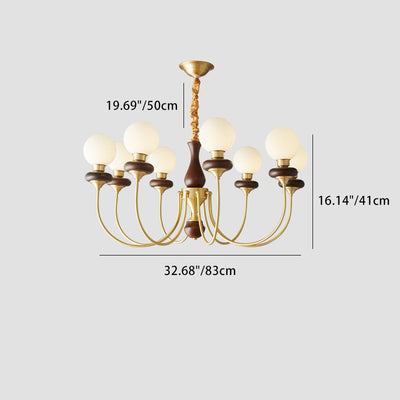 Traditional French Branch Magic Bean Curved Round Glass Walnut Brass 3/6/8/10 Light Chandelier For Living Room