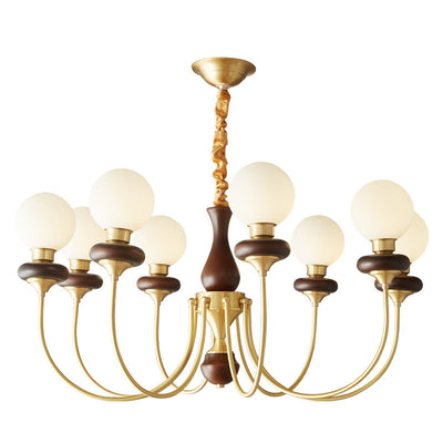 Traditional French Branch Magic Bean Curved Round Glass Walnut Brass 3/6/8/10 Light Chandelier For Living Room