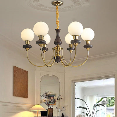 Traditional French Branch Magic Bean Curved Round Glass Walnut Brass 3/6/8/10 Light Chandelier For Living Room