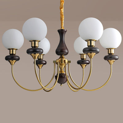 Traditional French Branch Magic Bean Curved Round Glass Walnut Brass 3/6/8/10 Light Chandelier For Living Room