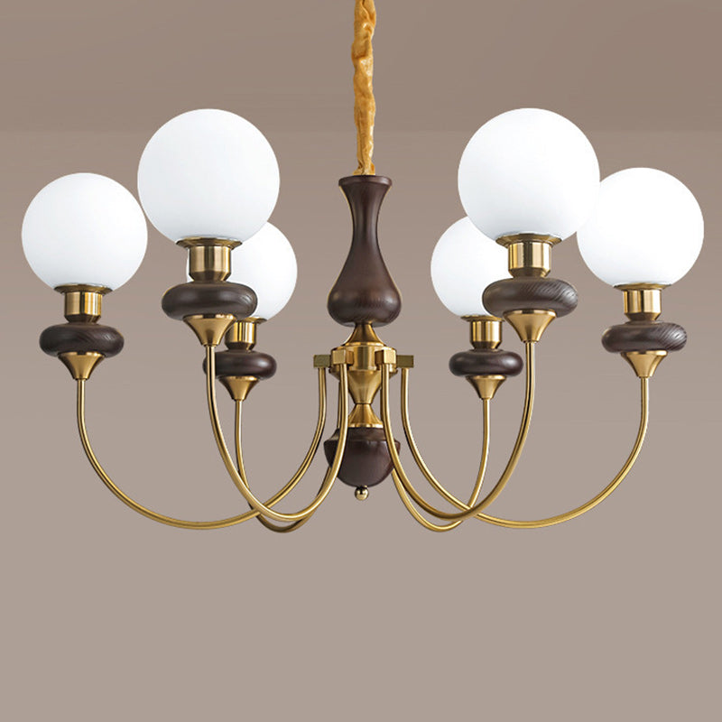 Traditional French Branch Magic Bean Curved Round Glass Walnut Brass 3/6/8/10 Light Chandelier For Living Room