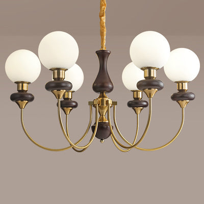 Traditional French Branch Magic Bean Curved Round Glass Walnut Brass 3/6/8/10 Light Chandelier For Living Room