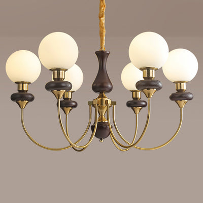 Traditional French Branch Magic Bean Curved Round Glass Walnut Brass 3/6/8/10 Light Chandelier For Living Room