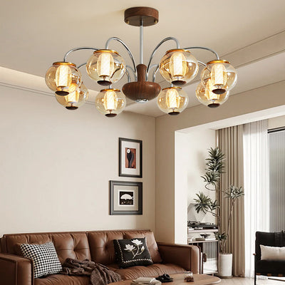 Traditional Chinese Round Branch Cylinder Glass Iron LED Chandelier For Living Room