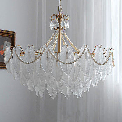 Traditional French Round Leaf Pendant Glass Iron 3/6/9/12 Light Chandelier For Living Room