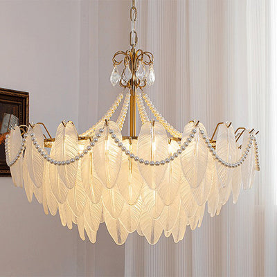 Traditional French Round Leaf Pendant Glass Iron 3/6/9/12 Light Chandelier For Living Room