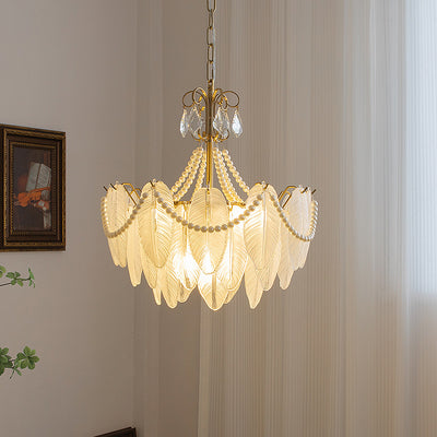 Traditional French Round Leaf Pendant Glass Iron 3/6/9/12 Light Chandelier For Living Room