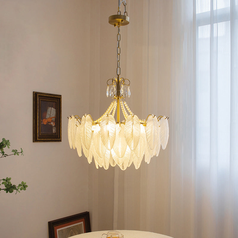 Traditional French Round Leaf Pendant Glass Iron 3/6/9/12 Light Chandelier For Living Room