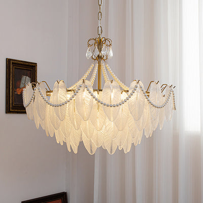 Traditional French Round Leaf Pendant Glass Iron 3/6/9/12 Light Chandelier For Living Room