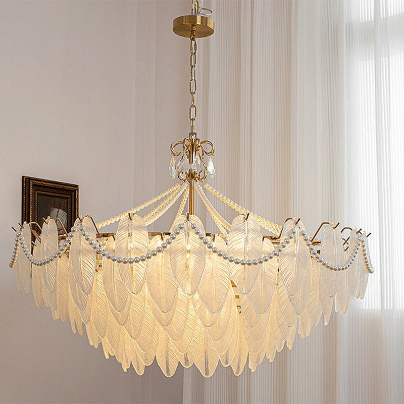 Traditional French Round Leaf Pendant Glass Iron 3/6/9/12 Light Chandelier For Living Room