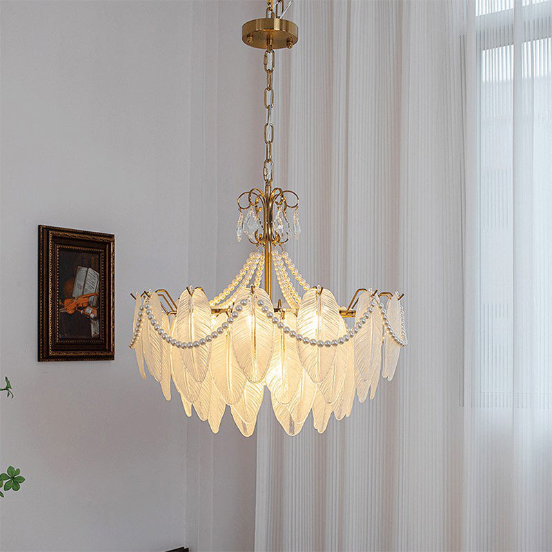 Traditional French Round Leaf Pendant Glass Iron 3/6/9/12 Light Chandelier For Living Room