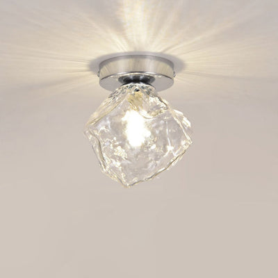 Modern Minimalist Ice Block Irregular Round Glass Iron 1-Light Semi-Flush Mount Ceiling Light For Living Room