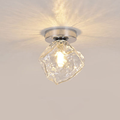 Modern Minimalist Ice Block Irregular Round Glass Iron 1-Light Semi-Flush Mount Ceiling Light For Living Room