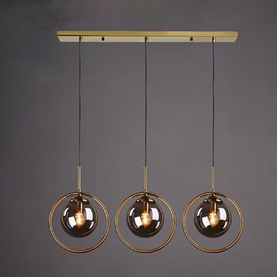 Contemporary Scandinavian Round Orb Long Plate Glass Iron 3-Light Chandeliers For Living Room