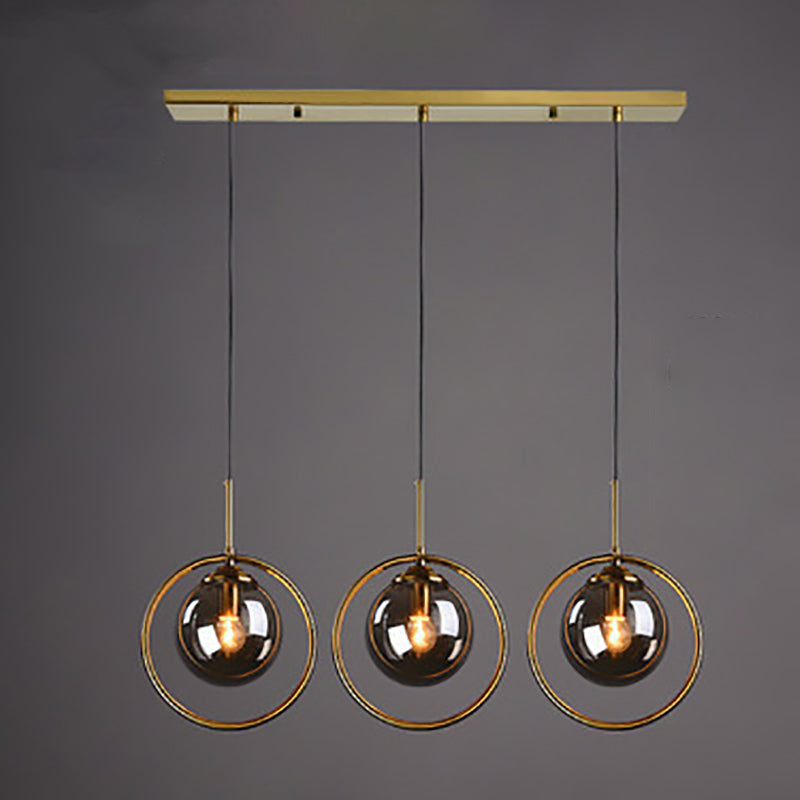 Contemporary Scandinavian Round Orb Long Plate Glass Iron 3-Light Chandeliers For Living Room