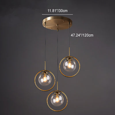 Contemporary Scandinavian Round Orb Long Plate Glass Iron 3-Light Chandeliers For Living Room