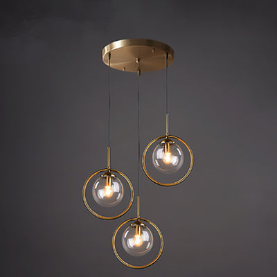 Contemporary Scandinavian Round Orb Long Plate Glass Iron 3-Light Chandeliers For Living Room