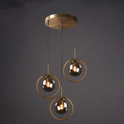 Contemporary Scandinavian Round Orb Long Plate Glass Iron 3-Light Chandeliers For Living Room