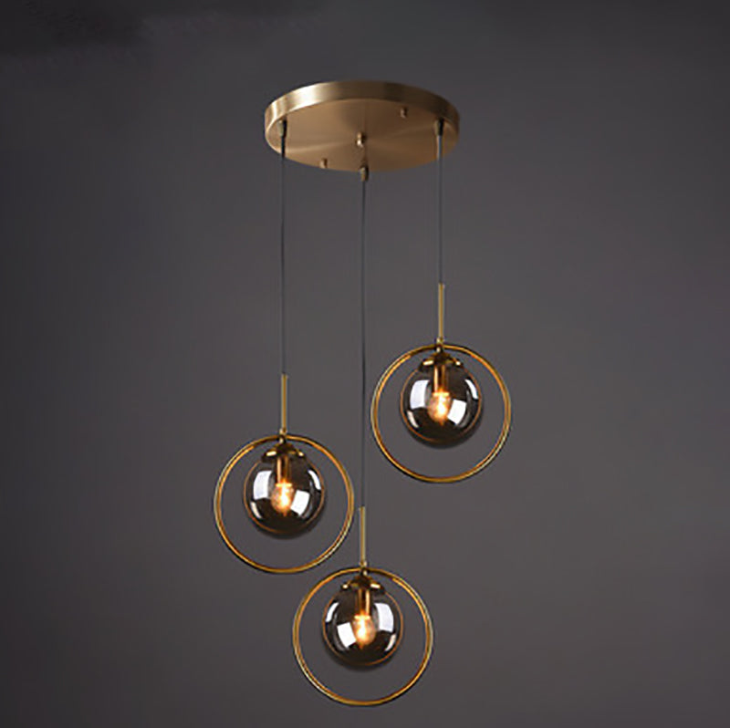 Contemporary Scandinavian Round Orb Long Plate Glass Iron 3-Light Chandeliers For Living Room