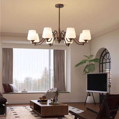 Traditional Chinese Cylinder Branch Curved Glass Iron 3/6/8 Light Chandelier For Living Room