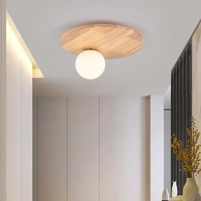 Traditional Japanese Orb Round Glass Wood 1-Light Flush Mount Ceiling Light For Bedroom