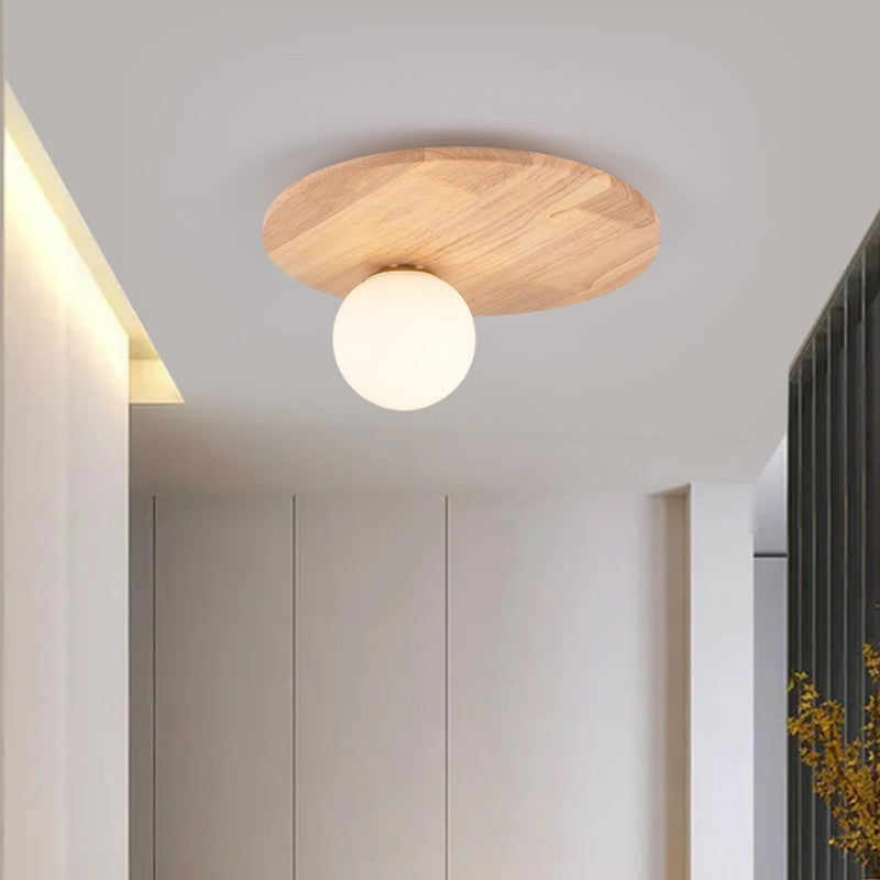 Traditional Japanese Orb Round Glass Wood 1-Light Flush Mount Ceiling Light For Bedroom