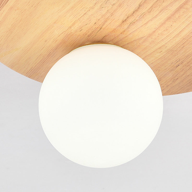 Traditional Japanese Orb Round Glass Wood 1-Light Flush Mount Ceiling Light For Bedroom