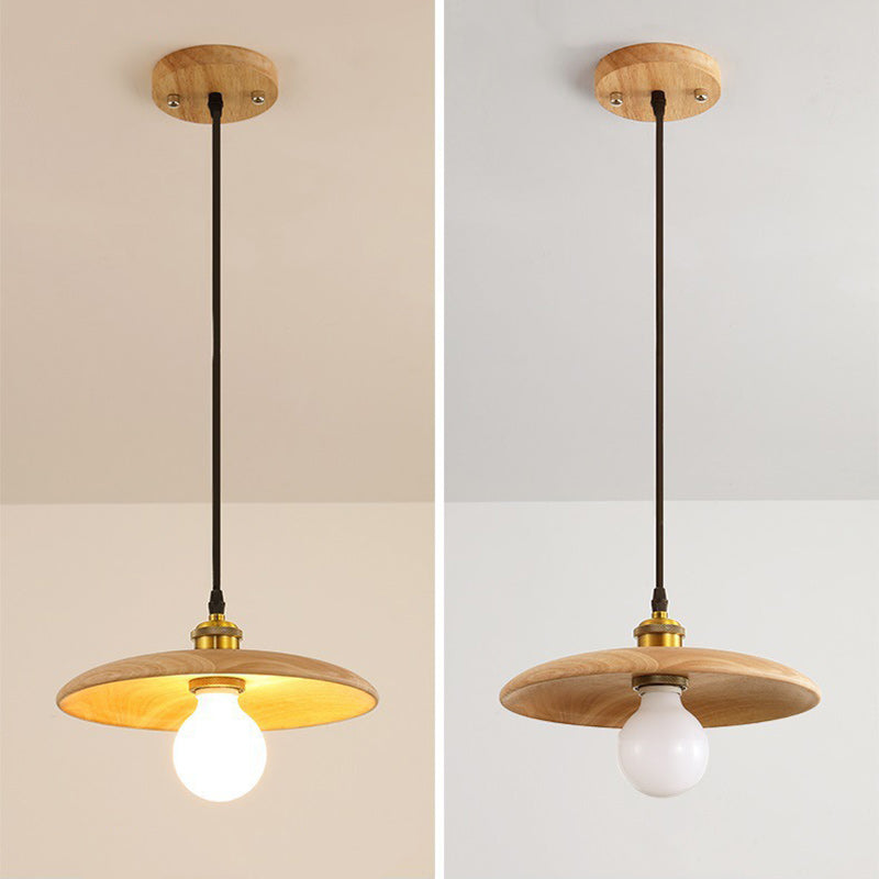 Traditional Japanese Round Frisbee Glass Wood 1-Light Pendant Light For Living Room