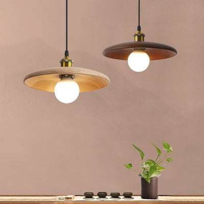 Traditional Japanese Round Frisbee Glass Wood 1-Light Pendant Light For Living Room