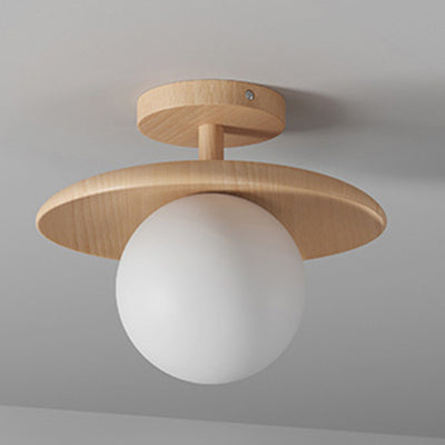 Traditional Japanese Frisbee Round Glass Rubberwood 1-Light Semi-Flush Mount Ceiling Light For Living Room