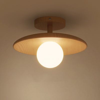 Traditional Japanese Frisbee Round Glass Rubberwood 1-Light Semi-Flush Mount Ceiling Light For Living Room